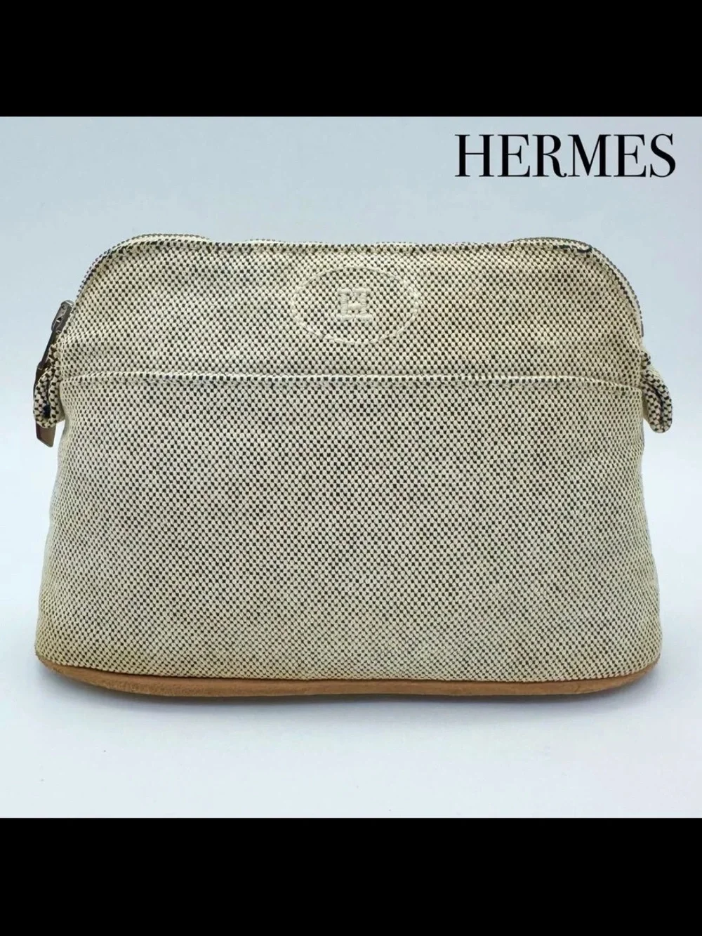 Hermes Beige Canvas Cosmetic Case with Tan Trim